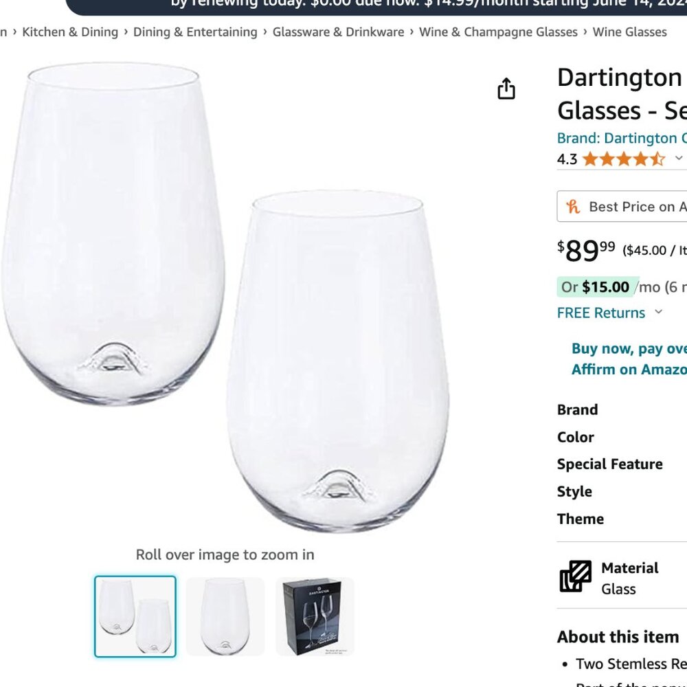Dartington Crystal Stemless Wine Glasses Set of 2